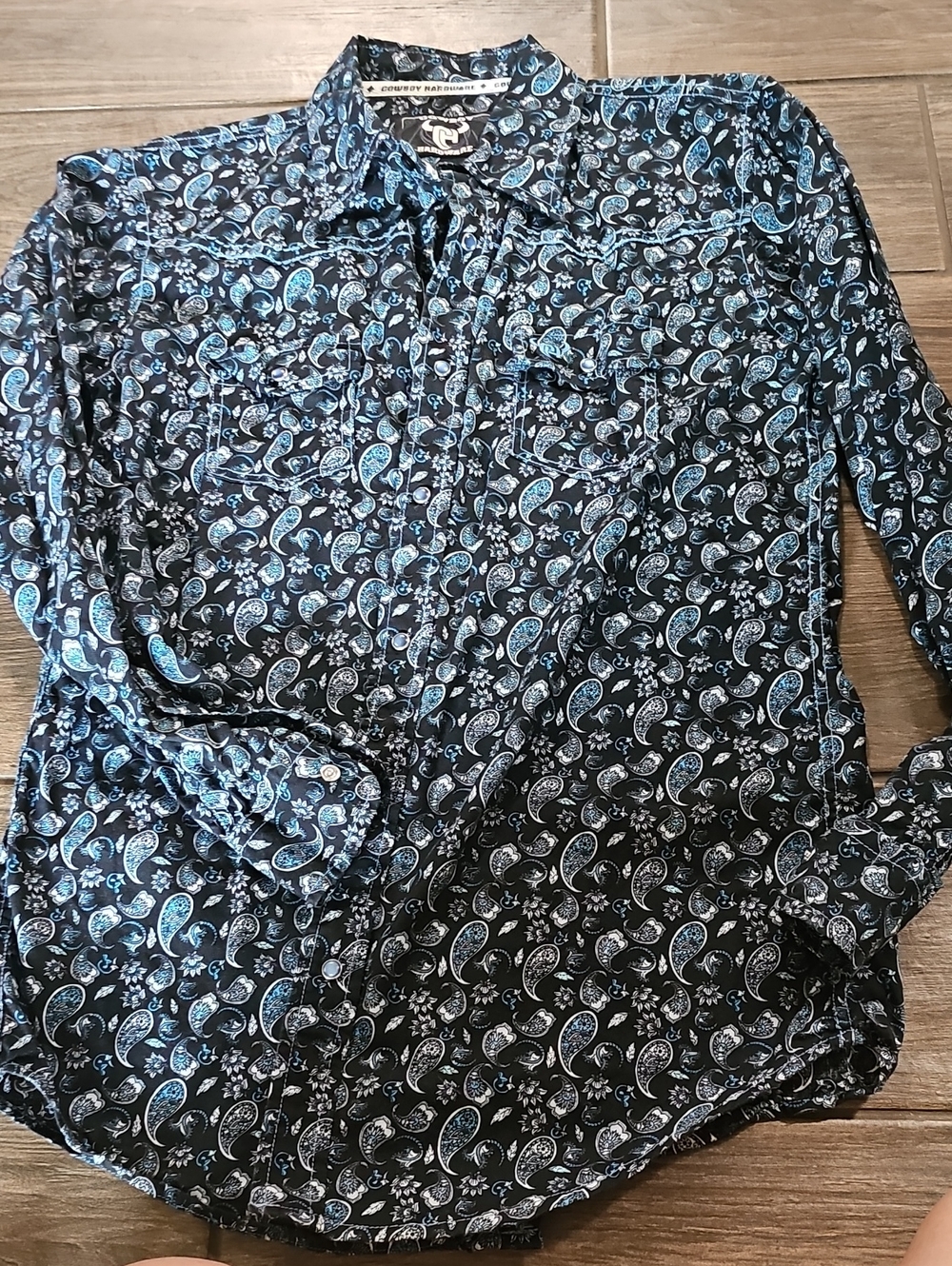 Cowboy Hardware Button-Down Shirt with Blue Paisley Print